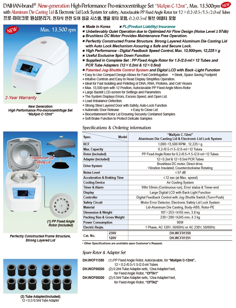 High-Performance Pro-microcentrifuge Set, “MaXpin C-12mt” Max. 13,500rpm, 230V