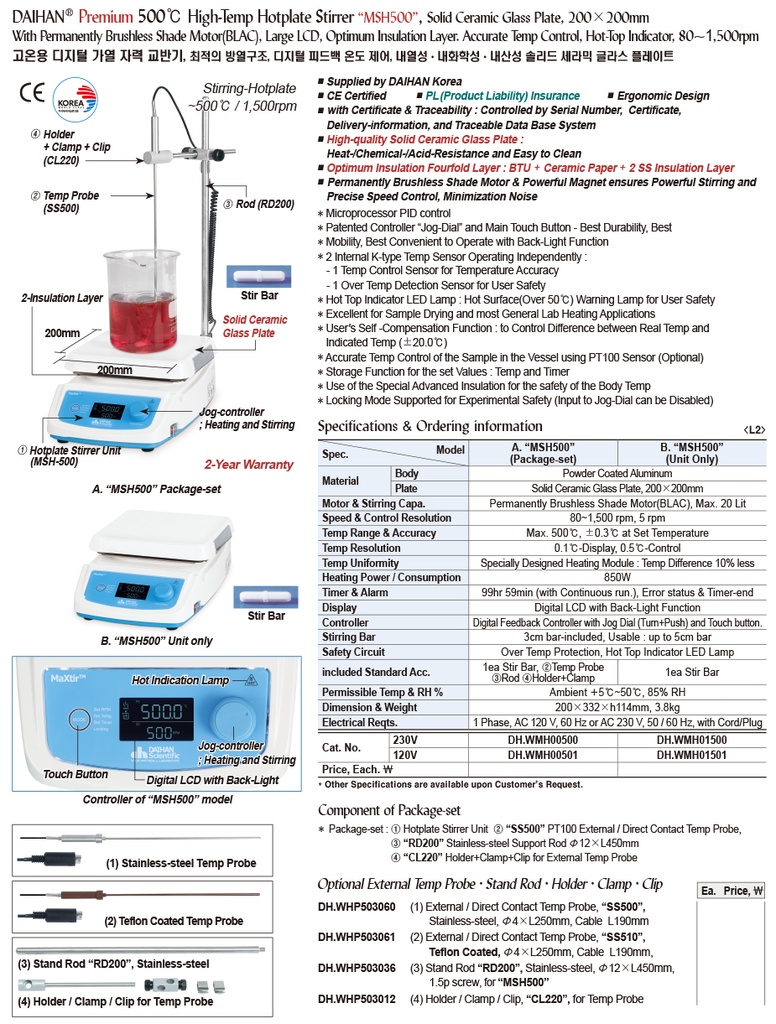 500℃  Hi-Temp. Digital Hotplates Stirrer, 80~1,500 rpm, “MaXtirTM MSH500”, Temp. Probe-set, 230V