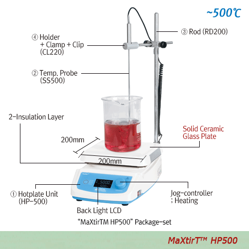 500℃  Hi-Temp. Digital Hotplates, “MaXtirTM HP500”, Temp. Probe-set, 230V