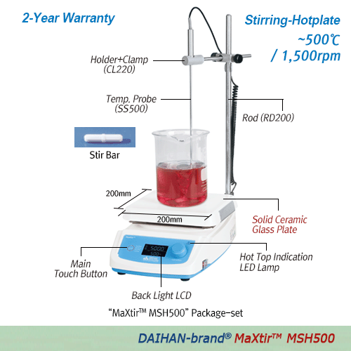 500℃  Hi-Temp. Digital Hotplates Stirrer, 80~1,500 rpm, “MaXtirTM MSH500”, Temp. Probe-set, 230V