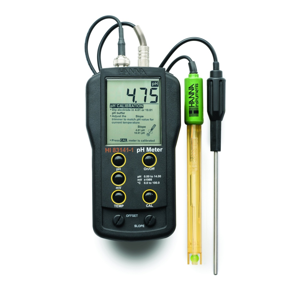 Analog pH/mV/°C meter with HI1230B electrode, range: pH 0.00 to 14.00 pH, mV ±1999 mV, Temperature 0.0 to 100.0°C